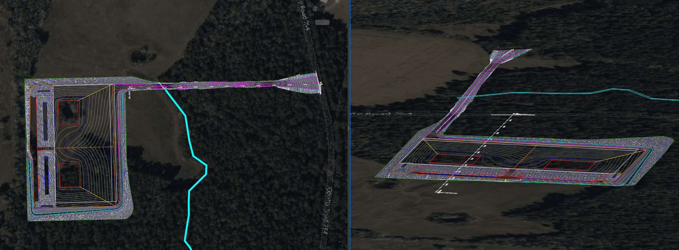 Plan and 3D views of a grading model over aerial imagery, showing contours, access roads, and proposed earthwork surfaces.